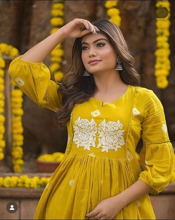 Women Cotton Printed | Long Anarkali Kurti with Pant | Yellow Ethnic Wear Set image 4