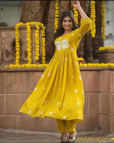 Women Cotton Printed | Long Anarkali Kurti with Pant | Yellow XL Ethnic Wear Set thumbnail 0