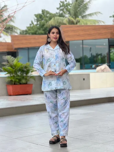 Two-Piece Floral Co-ord Set with Collar Shirt | Breathable Pastel Fabric | Matching Shirt & Pants for Women | Size S thumbnail 1