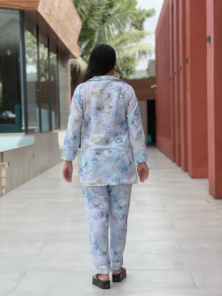 Two-Piece Floral Co-ord Set with Collar Shirt | Breathable Pastel Fabric | Matching Shirt & Pants for Women | Size XL image 4