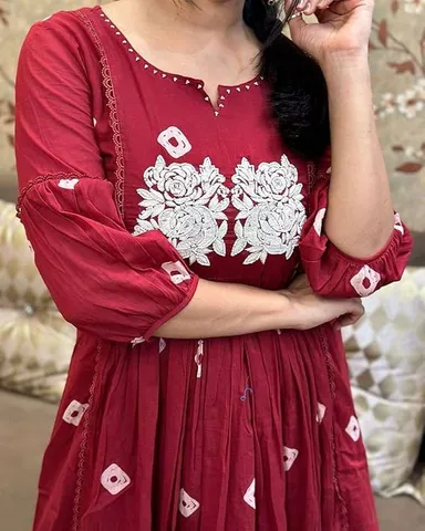 Women Cotton Printed Kurti | Long Anarkali | Pant Set | Casual & Party Wear | Maroon-L thumbnail 1