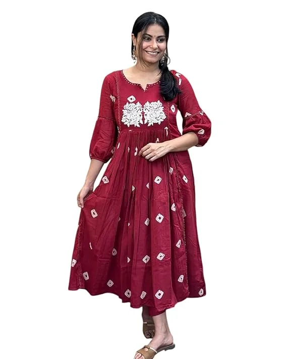 Women Cotton Printed Kurti | Long Anarkali | Pant Set | Casual & Party Wear | Maroon-L image 3