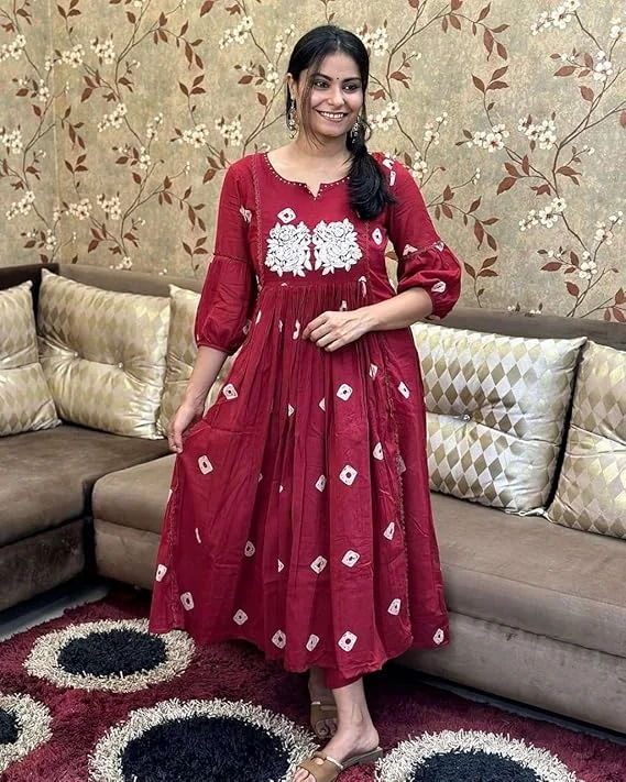 Women Cotton Printed Kurti | Long Anarkali | Pant Set | Casual & Party Wear | Maroon-XL image 1