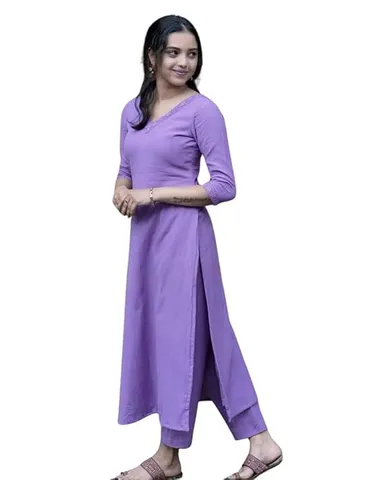 Women’s Cotton V-Neck |Straight Kurti with Pant Set Purple M | Daily Wear Ethnic Outfit thumbnail 0