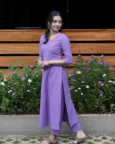 Women’s Cotton V-Neck |Straight Kurti with Pant Set Purple M | Daily Wear Ethnic Outfit thumbnail 2