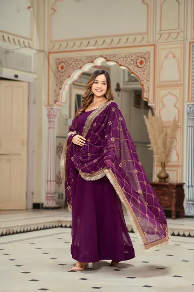 Purple Sequence Embroidery Anarkali Kurta Set | Georgette, Full Flare, Dupatta Included | Party Wear thumbnail 0