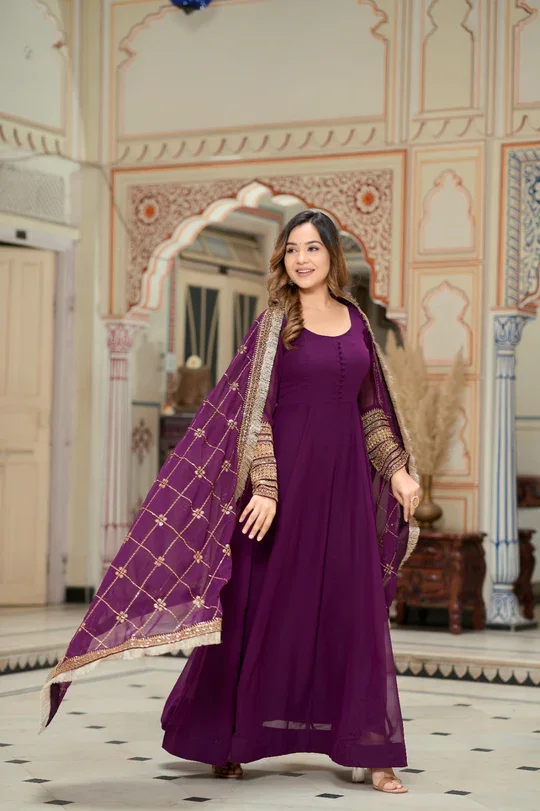 Purple Sequence Embroidery Anarkali Kurta Set | Georgette, Full Flare, Dupatta Included | Party Wear image 2