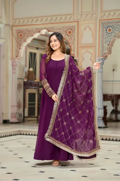 Purple Sequence Embroidery Anarkali Kurta Set | Georgette, Full Flare, Dupatta Included | Party Wear thumbnail 2