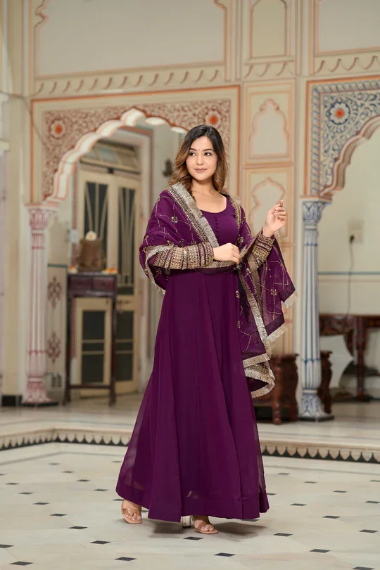 Purple Sequence Embroidery Anarkali Kurta Set | Georgette, Full Flare, Dupatta Included | Party Wear image 4