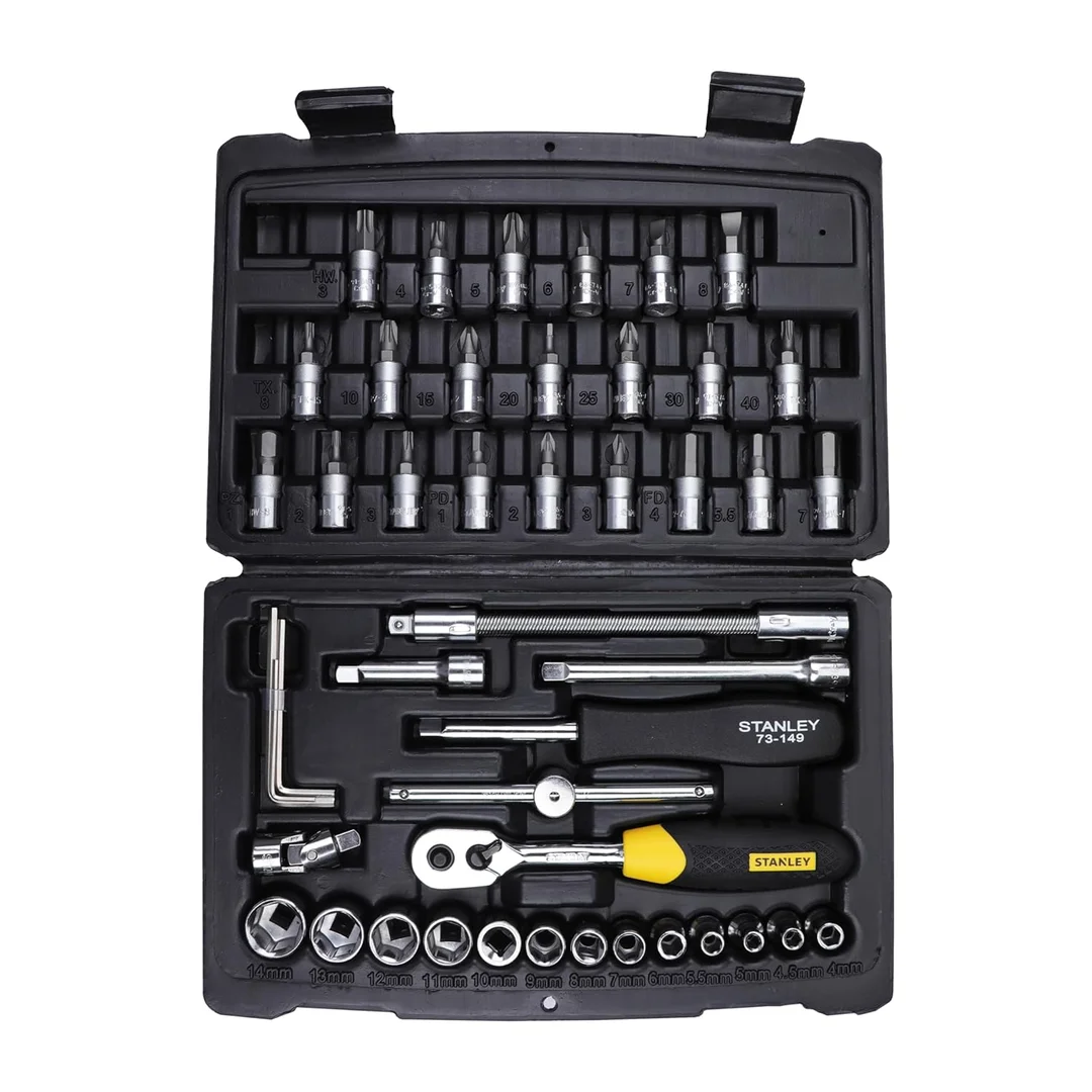 STANLEY 1/4 Inch Sq Dr Socket Set for Mechanics | Compact Ratchet Tool Kit| DIY Car & Bike Use| 46 Pcs image 1