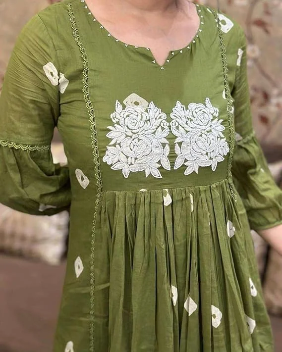 Womens Cotton Printed | Long Anarkali Kurti | Pant Set Mehndi Green XXL | Plus Size Festive Office Wear image 2
