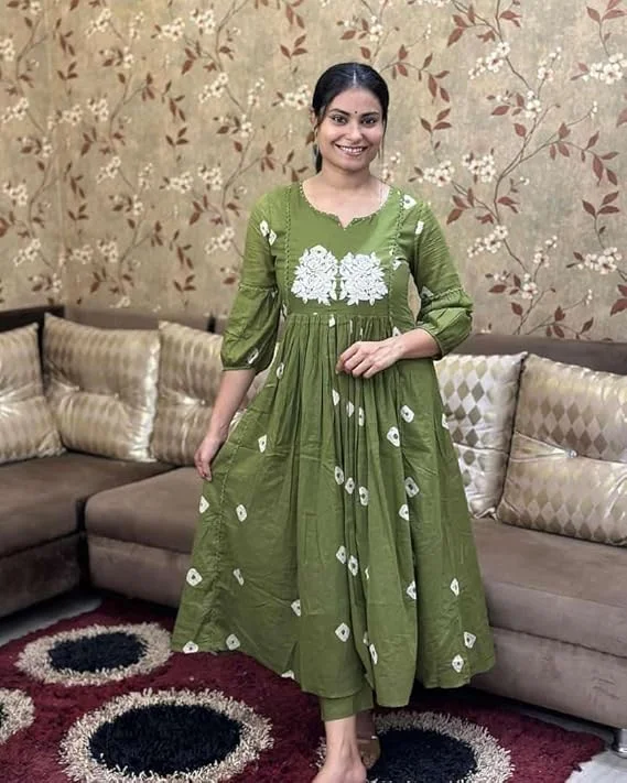 Womens Cotton Printed | Long Anarkali Kurti | Pant Set Mehndi Green XXL | Plus Size Festive Office Wear image 3