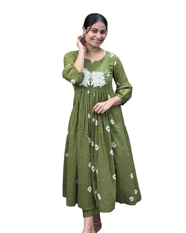 Womens Cotton Printed | Long Anarkali Kurti | Pant Set Mehndi Green XXL | Plus Size Festive Office Wear thumbnail 3