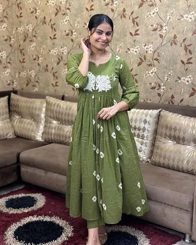 Womens Cotton Printed | Long Anarkali Kurti | Pant Set Mehndi Green XXL | Plus Size Festive Office Wear thumbnail 0