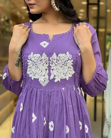 Womens Cotton Printed | Long Anarkali Kurti | Pant Set Purple M | Festive Office Ethnic Wear thumbnail 2