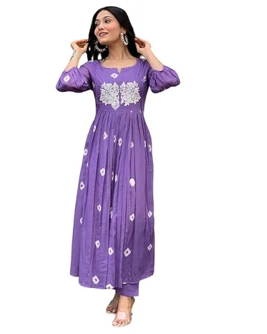 Womens Cotton Printed | Long Anarkali Kurti | Pant Set Purple M | Festive Office Ethnic Wear thumbnail 3