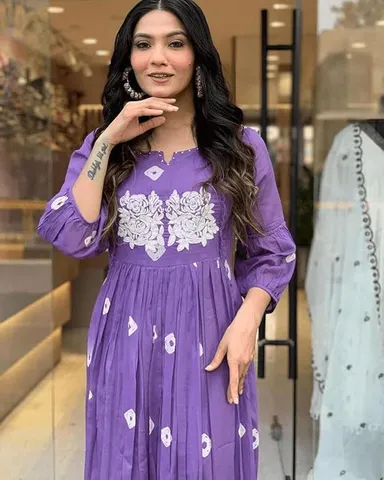 Women’s Cotton Printed Long Anarkali Kurti with Pant | Purple L | Ethnic Wear Casual Festive Outfit thumbnail 1