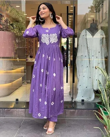 Women’s Cotton Printed Long Anarkali Kurti with Pant | Purple XL | Ethnic Wear Casual Festive Outfit thumbnail 0