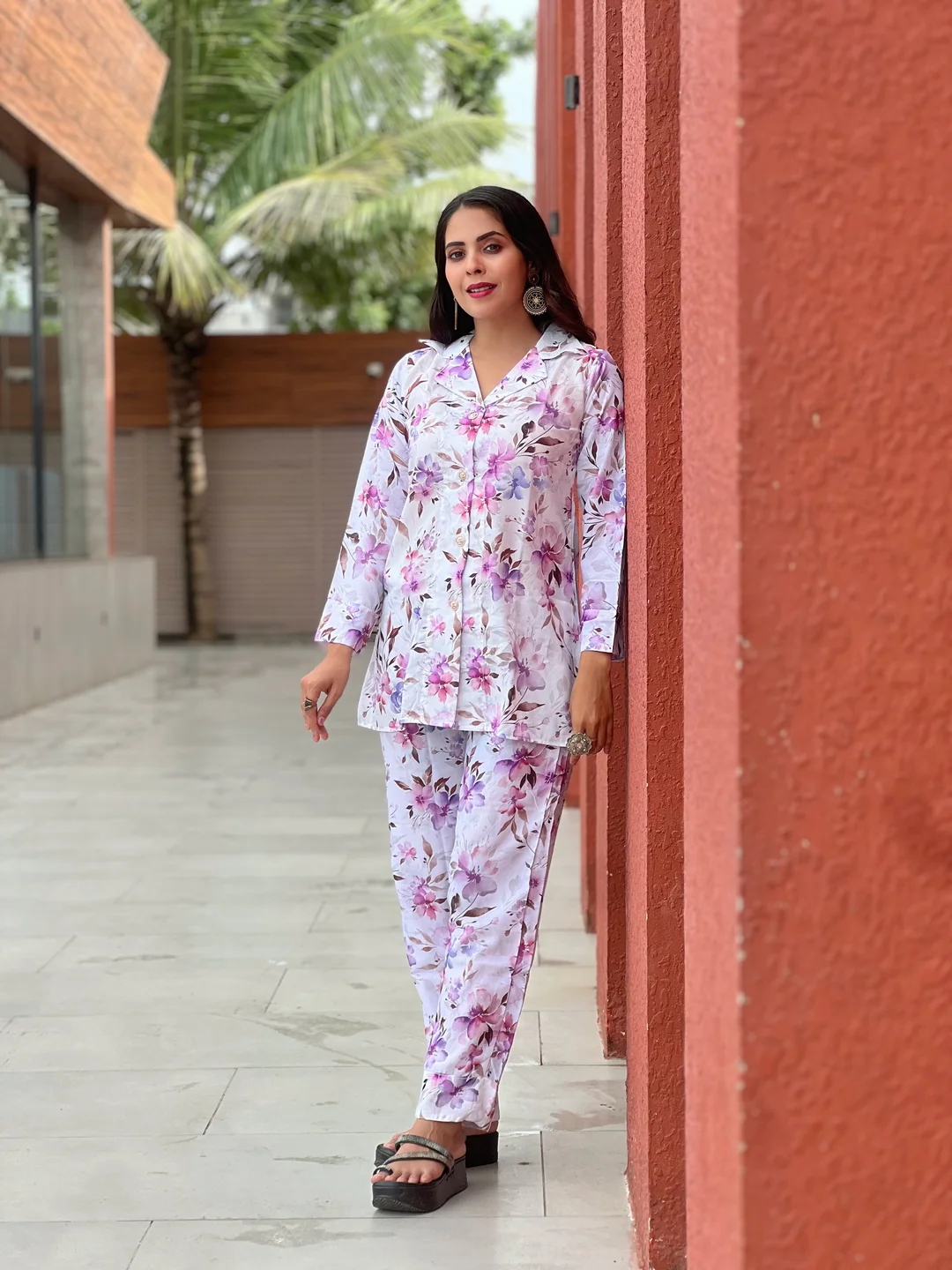 Elegant Pastel Floral Co‑ord Set for Women Soft Cotton | Summer Lounge Style | Size L image 2