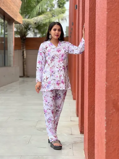 Elegant Pastel Floral Cotton Co‑ord Set for Women  Soft Breathable Summer Lounge Outfit, Relaxed Fit Two‑Piece Top & Bottom Set, Comfortable Casual Daywear thumbnail 0