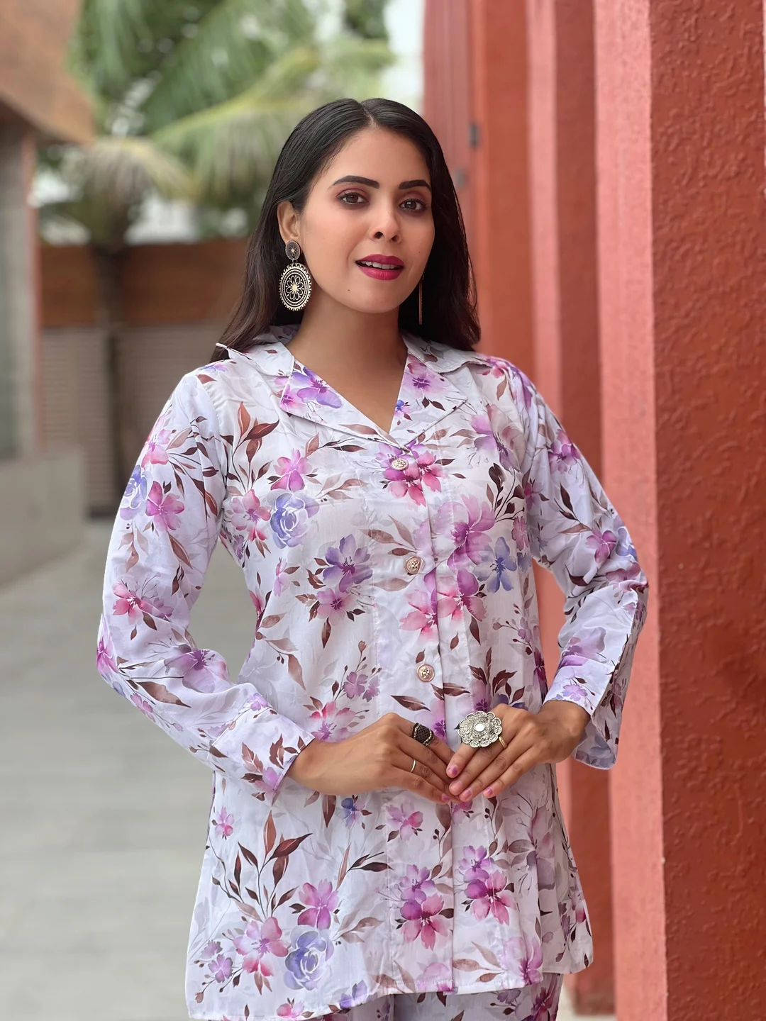 Elegant Pastel Floral Cotton Co‑ord Set for Women  Soft Breathable Summer Lounge Outfit, Relaxed Fit Two‑Piece Top & Bottom Set, Comfortable Casual Daywear image 2