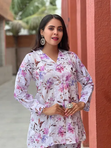 Elegant Pastel Floral Cotton Co‑ord Set for Women  Soft Breathable Summer Lounge Outfit, Relaxed Fit Two‑Piece Top & Bottom Set, Comfortable Casual Daywear thumbnail 1
