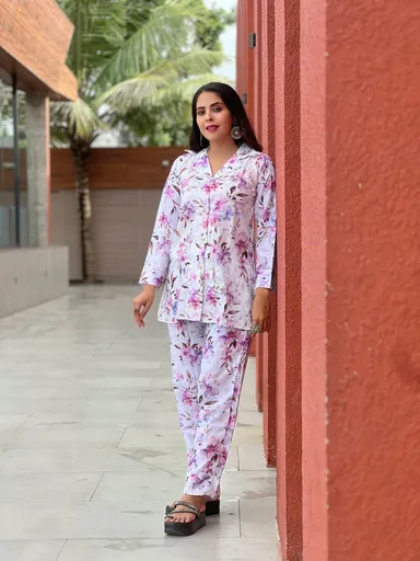 Elegant Pastel Floral Cotton Women Coord Set  Soft Breathable TwoPiece Summer Lounge Outfit  Casual Daily Wear, Comfortable Plus Size Fashion thumbnail 1