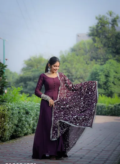 Purple Sequence Embroidered Anarkali Kurta Set | Georgette Gown | Festive Wear | Size L thumbnail 0