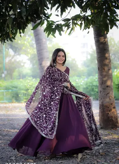 Purple Sequence Embroidered Anarkali Kurta Set | Georgette Gown | Festive Wear | Size L thumbnail 1