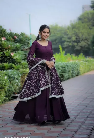 Purple Sequence Embroidered Anarkali Kurta Set | Georgette Gown | Festive Wear | Size L thumbnail 2