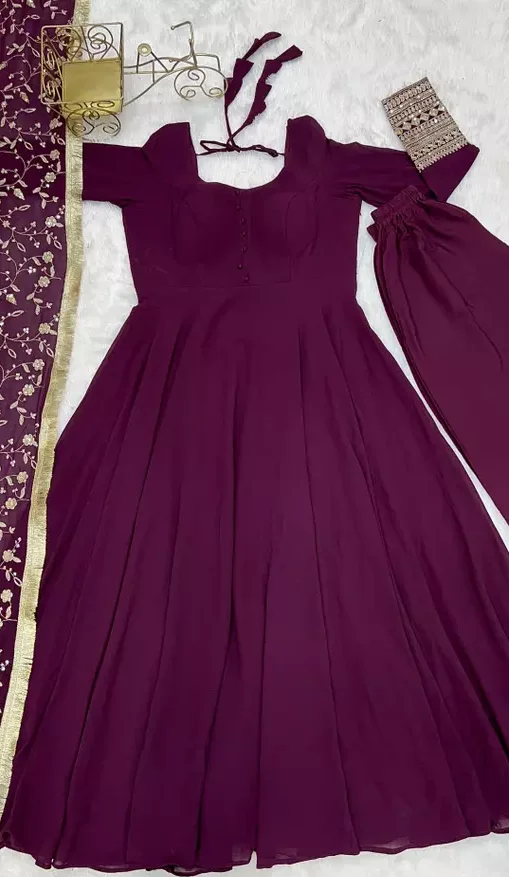 Purple Sequence Embroidered Anarkali Kurta Set | Georgette Gown | Festive Wear | Size L image 4