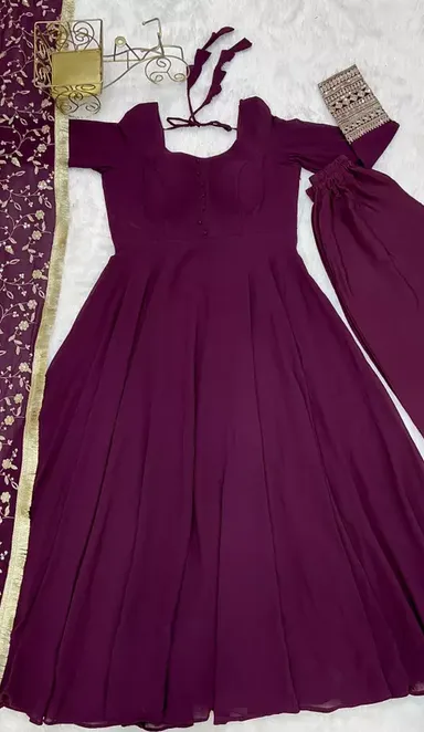 Purple Sequence Embroidered Anarkali Kurta Set | Georgette Gown | Festive Wear | Size L thumbnail 3