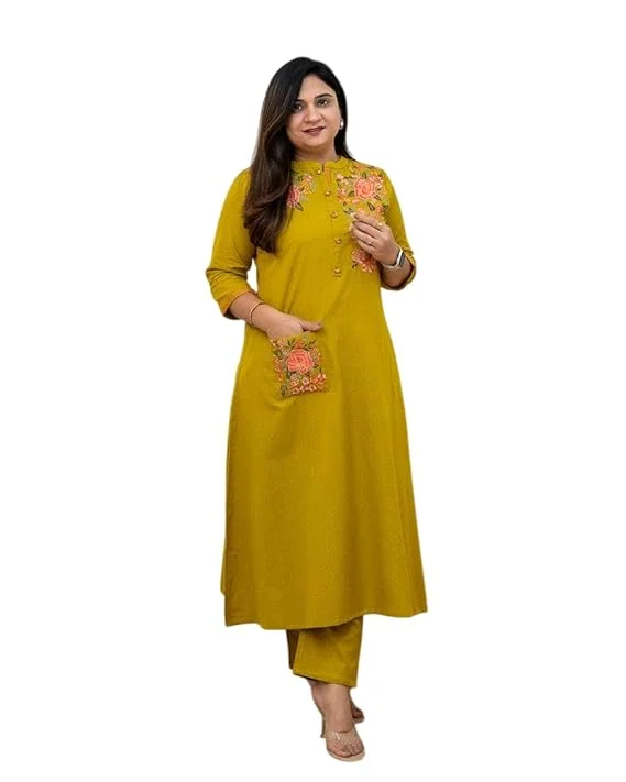 Yellow cotton printed straight kurti with pant | Breathable kurti pant set for women image 1