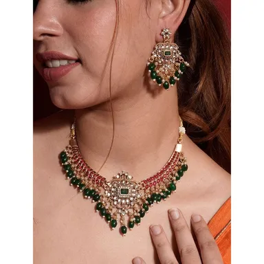 Premium Kundan Bridal Necklace Set | Green & Ruby Red Stones| Wedding Jewellery with Earrings | Festive Heavy Choker for Women thumbnail 0
