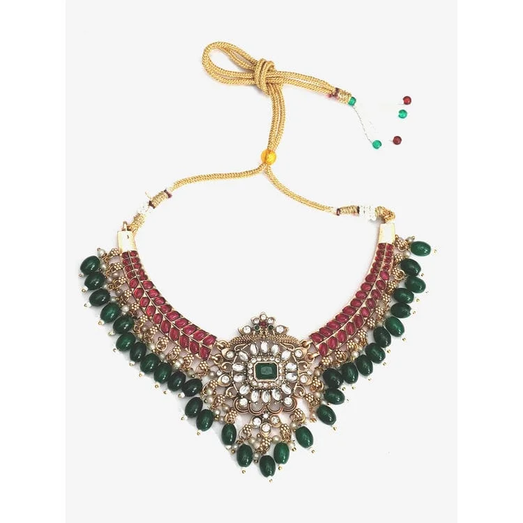 Premium Kundan Bridal Necklace Set | Green & Ruby Red Stones| Wedding Jewellery with Earrings | Festive Heavy Choker for Women image 3