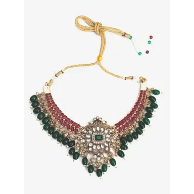 Premium Kundan Bridal Necklace Set | Green & Ruby Red Stones| Wedding Jewellery with Earrings | Festive Heavy Choker for Women thumbnail 2