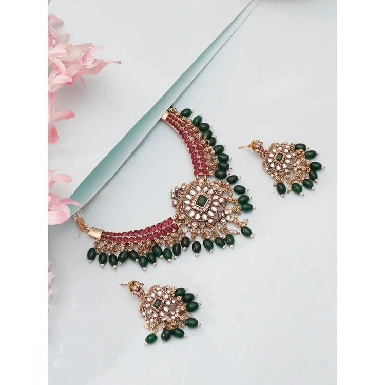 Premium Kundan Bridal Necklace Set | Green & Ruby Red Stones| Wedding Jewellery with Earrings | Festive Heavy Choker for Women image 4