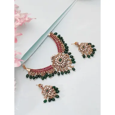 Premium Kundan Bridal Necklace Set | Green & Ruby Red Stones| Wedding Jewellery with Earrings | Festive Heavy Choker for Women thumbnail 3