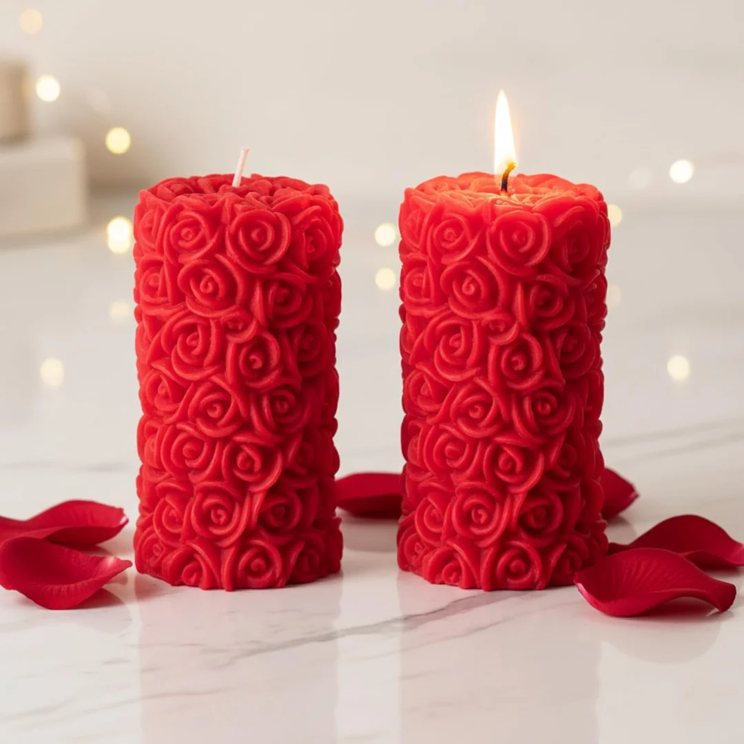 Premium Red Rose Flower Shape Scented Pillar Candle Set Pack of 2 for Home Decor Romantic Smokeless Fragrance Wax Romantic Ambience image 2
