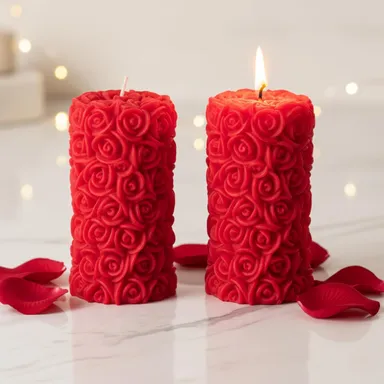 Premium Red Rose Flower Shape Scented Pillar Candle Set Pack of 2 for Home Decor Romantic Smokeless Fragrance Wax Romantic Ambience thumbnail 1