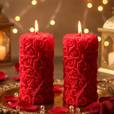Premium Red Rose Flower Shape Scented Pillar Candle Set Pack of 2 for Home Decor Romantic Smokeless Fragrance Wax Romantic Ambience thumbnail 2