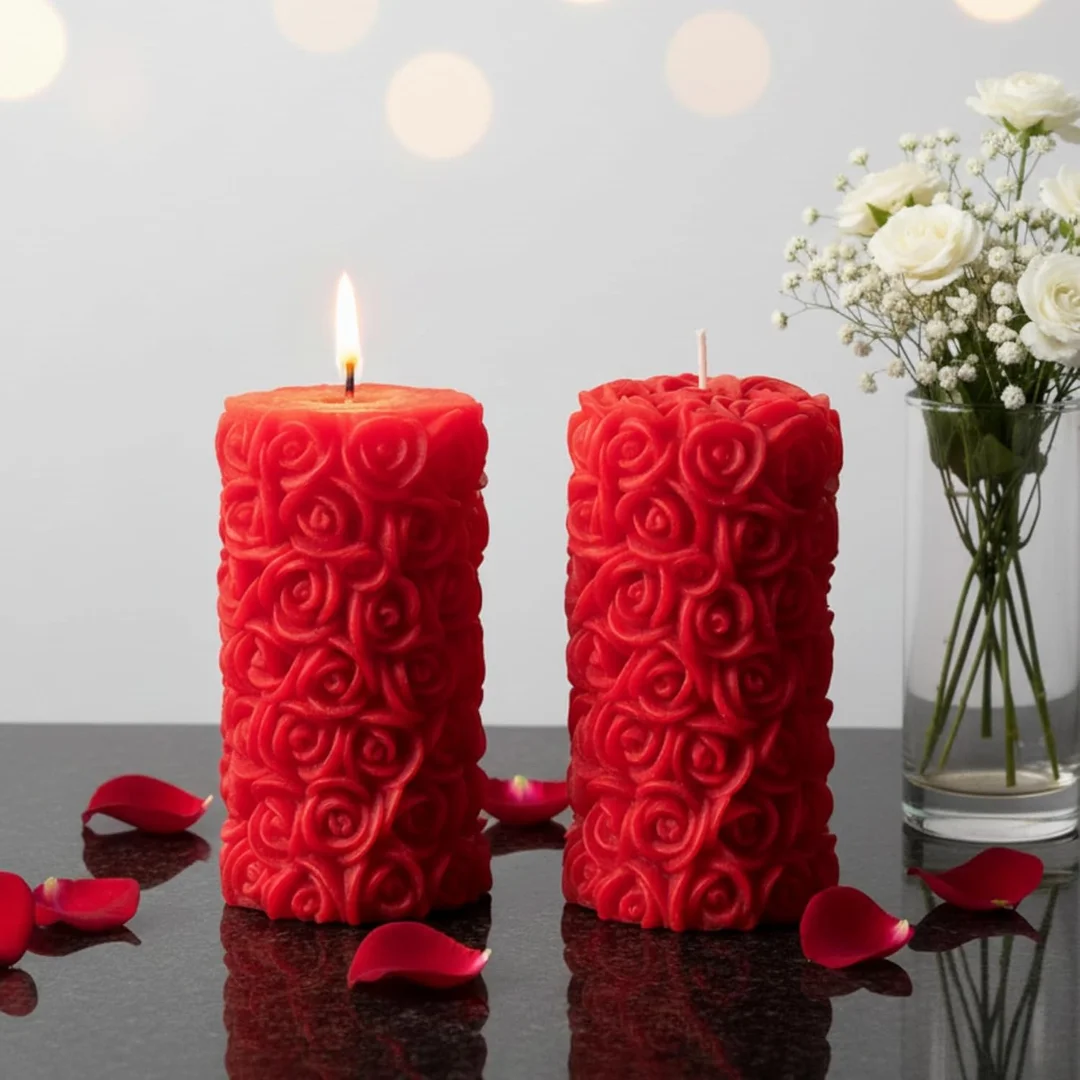Premium Red Rose Flower Shape Scented Pillar Candle Set Pack of 2 for Home Decor Romantic Smokeless Fragrance Wax Romantic Ambience image 4