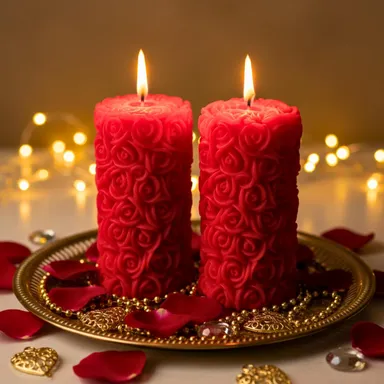 Premium Red Rose Flower Shape Scented Pillar Candle Set Pack of 2 for Home Decor Romantic Smokeless Fragrance Wax Romantic Ambience thumbnail 4