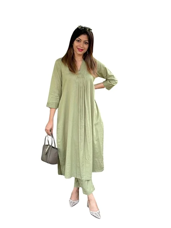 Women’s Cotton Co-ord Set Kurti with Pant | Green A-Line Straight Fit | Summer Daily & Office Wear image 1