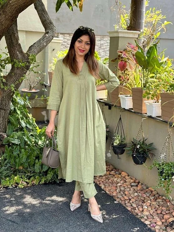 Women’s Cotton Co-ord Set Kurti with Pant | Green A-Line Straight Fit | Summer Daily & Office Wear image 3