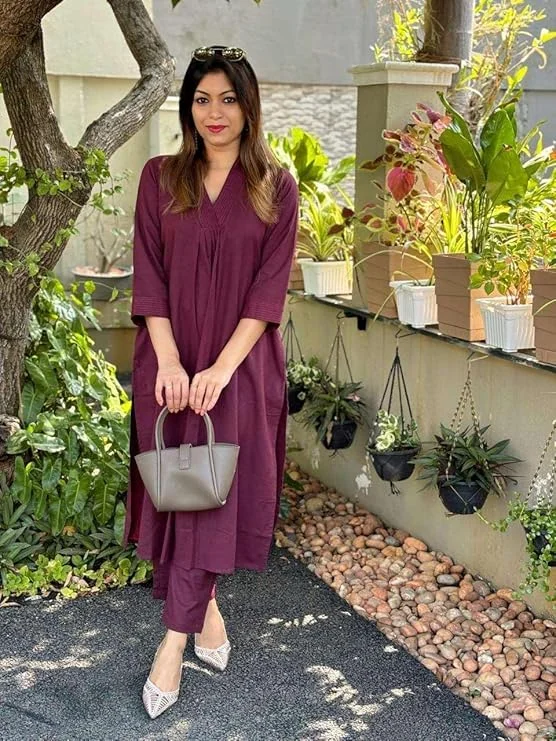 Women’s Cotton Kurti Pant Set | A-Line Straight Kurta | Maroon Casual Ethnic Wear | Office & Daily Outfit image 3