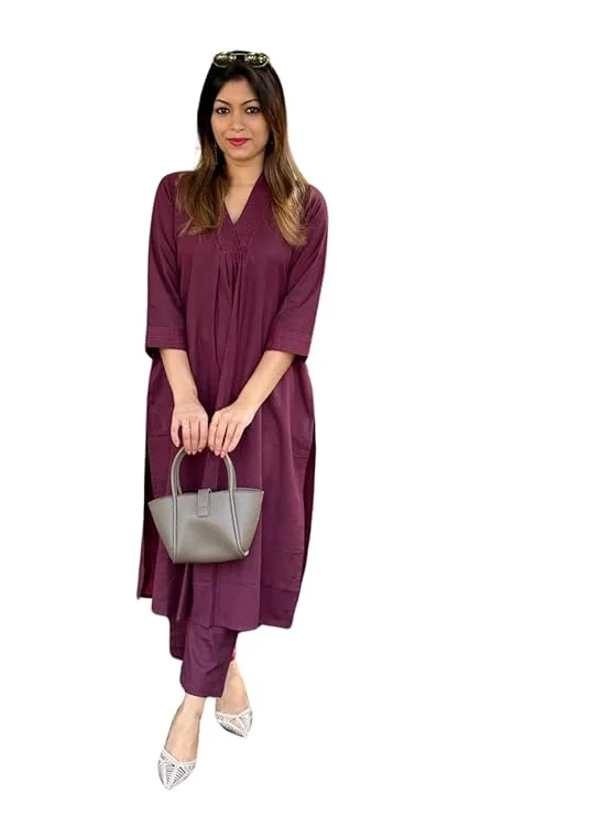 Women’s Cotton Kurti Pant Set | A-Line Straight Kurta | Maroon Ethnic Combo for Office | Festive & Daily Wear image 1