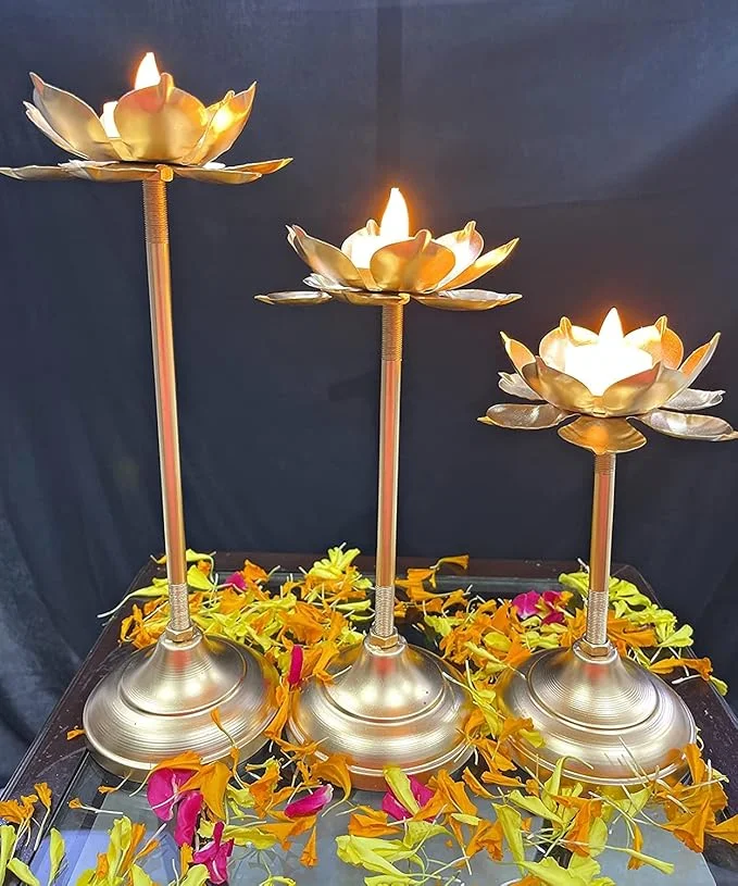 Metal Gold Finish Candle T-light Holder Set of 3| Festive Diwali Pooja Décor| Elegant Home Temple & Worship Decoration image 1