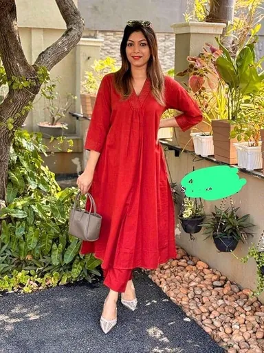 Women’s Cotton Co-ord Set | Red A-Line Straight Kurti with Pant | Women kurti pant combo thumbnail 2