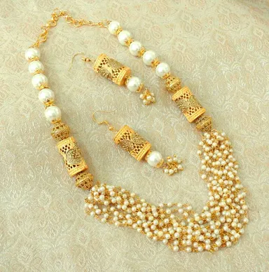 Elegant Gold-Plated Pearl Long Necklace Set with Earrings | Traditional Bridal Jewellery for Women | Designer Wedding Set thumbnail 0